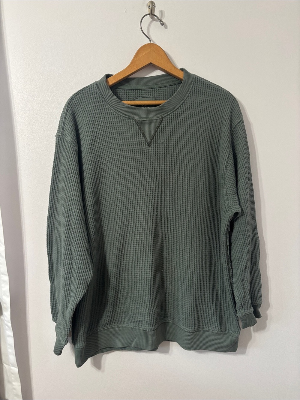 aerie Waffle Crewneck Top - Olive Green - Oversized Fit